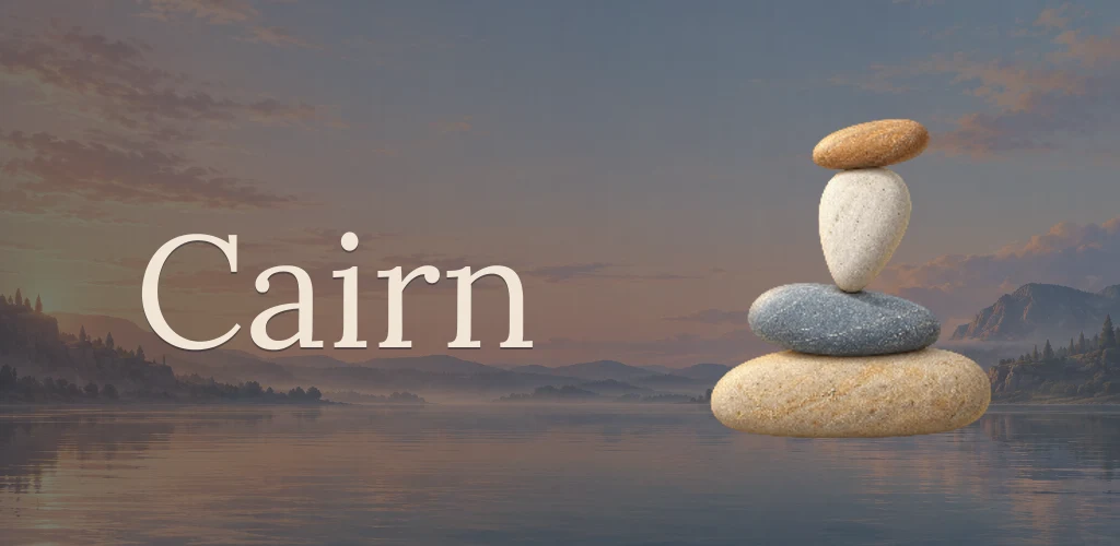 Cairn promotional artwork: a stone tower above a still mountain lake