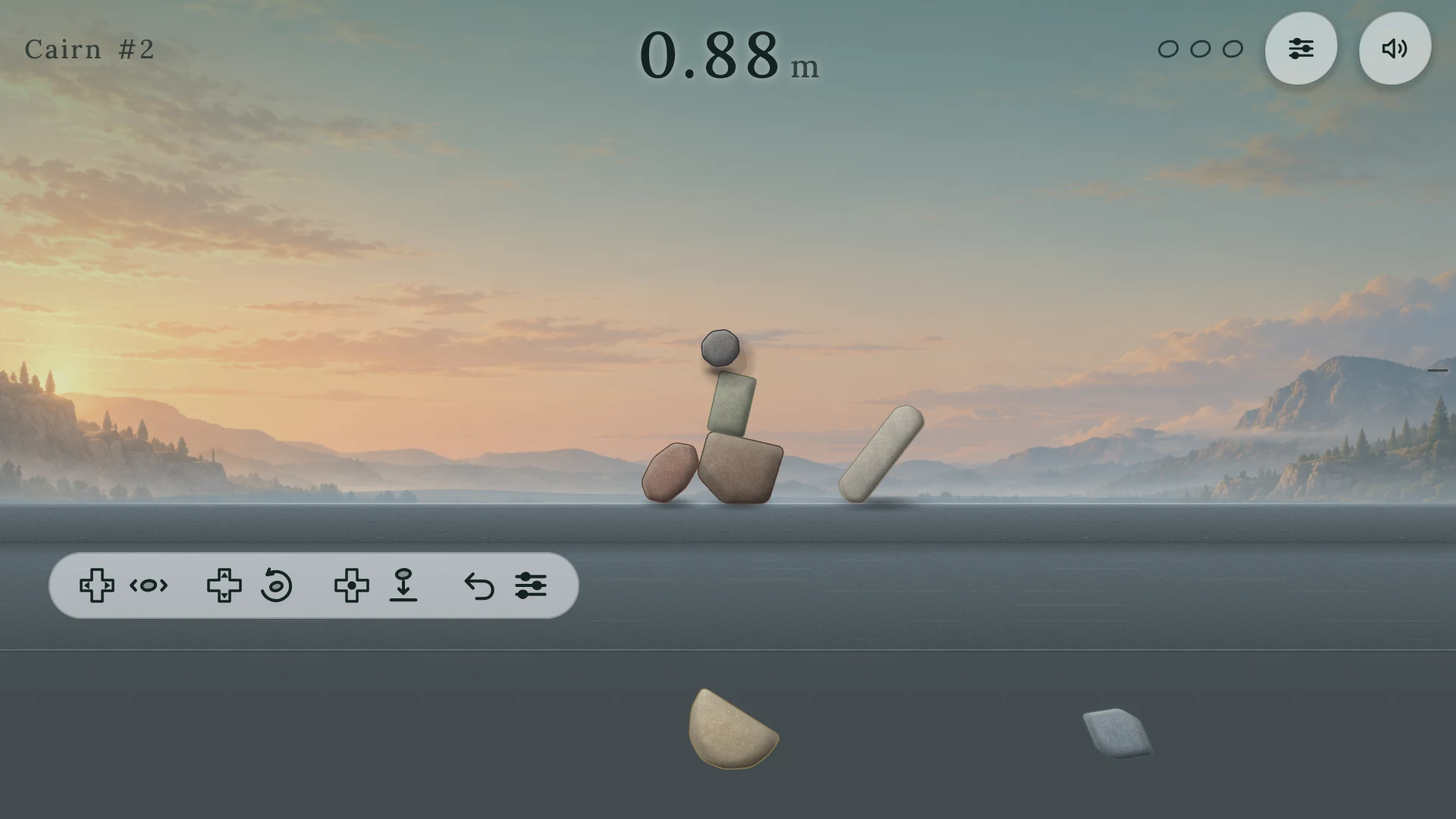 Actual Cairn Android TV development gameplay with a stone selected above the lakeshore