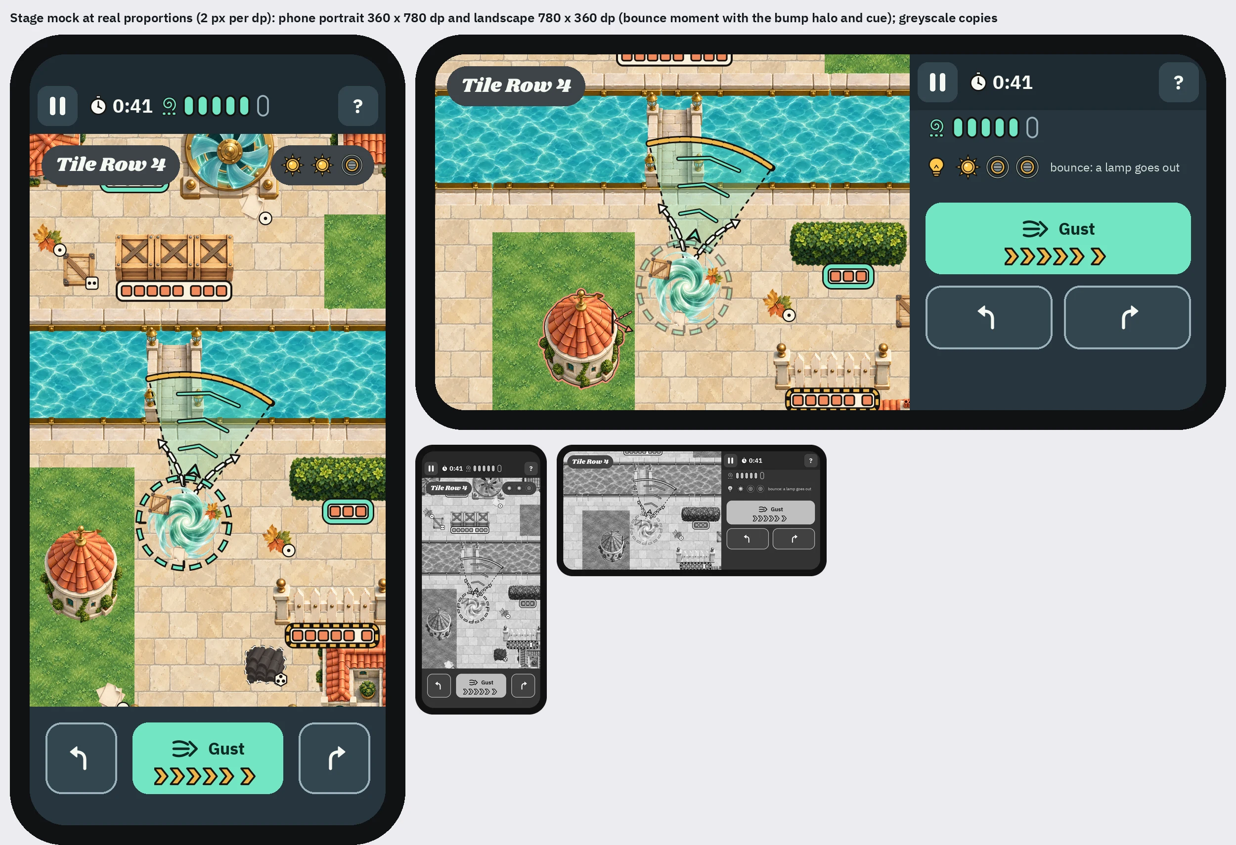 Gust Gobbler stage design mock-up on portrait and landscape phones, with greyscale copies: a top-down street with a canal and footbridge, crate stacks, a hedge and a picket fence marked with strength notches, the tornado with its capture ring and gust wedge beside a domed building, the clock, the mass notches, the stability lamps and the Gust and turn buttons