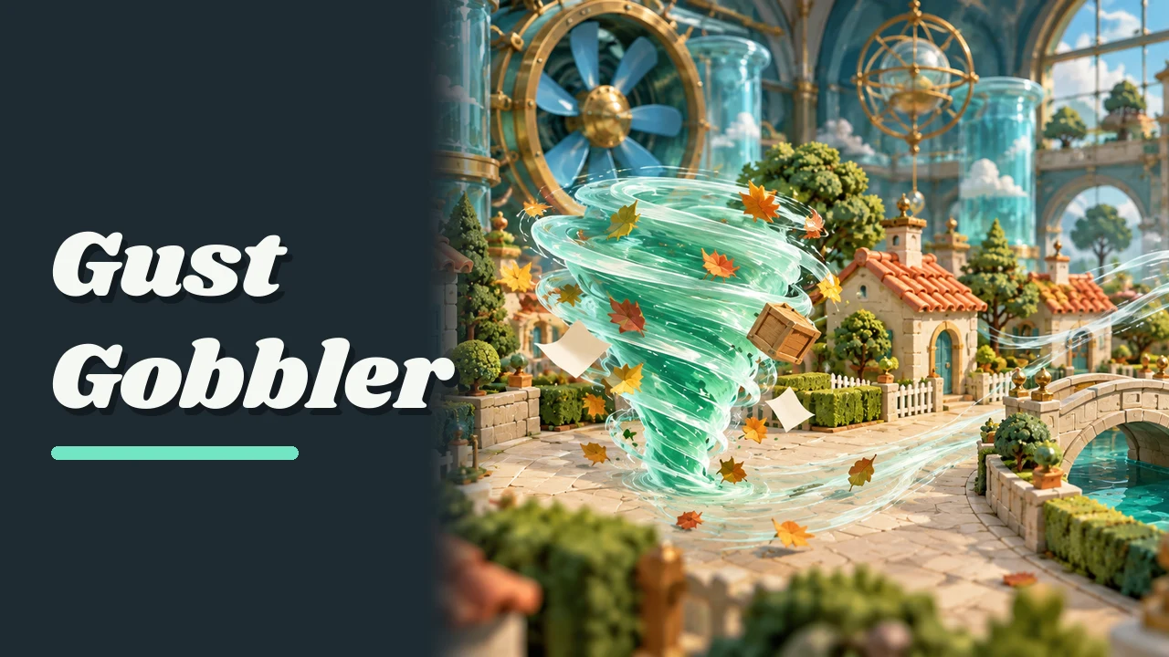 Gust Gobbler Android TV banner: the Gust Gobbler title on a dark panel beside the mint-green tornado carrying leaves and a crate along the model street