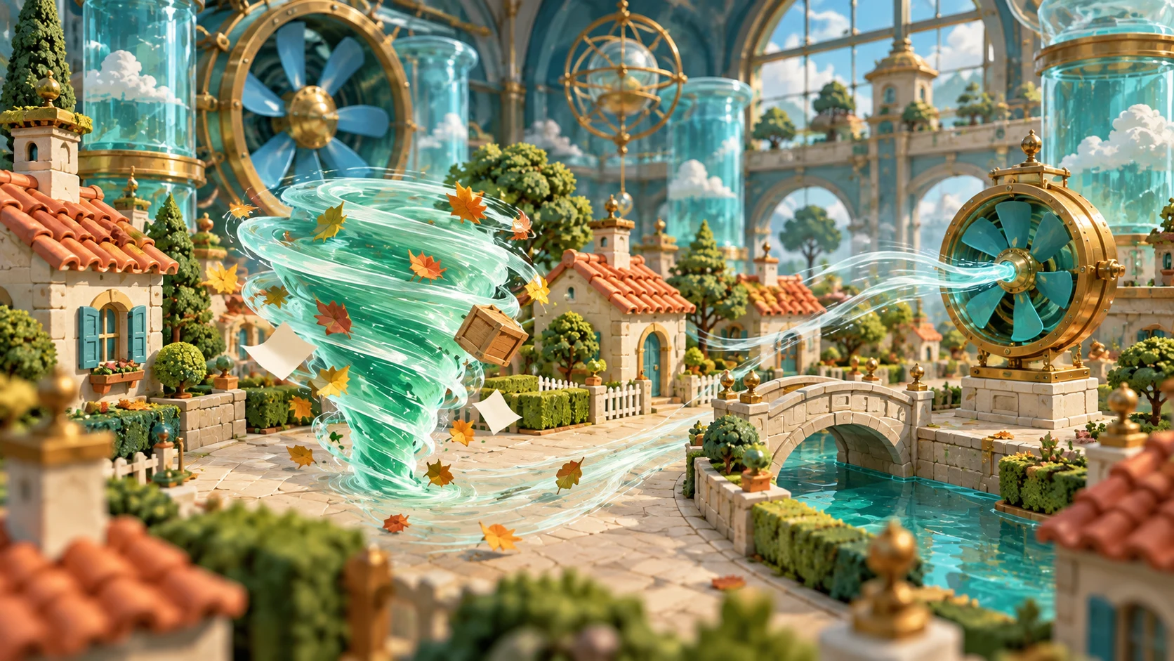 Gust Gobbler painted world, wide: a mint-green pocket tornado sweeps leaves, paper and one small crate along a model street of whole terracotta-roofed houses, hedges and a picket fence towards a brass weather collector fan beyond a stone bridge over a turquoise canal, inside a glass weather laboratory