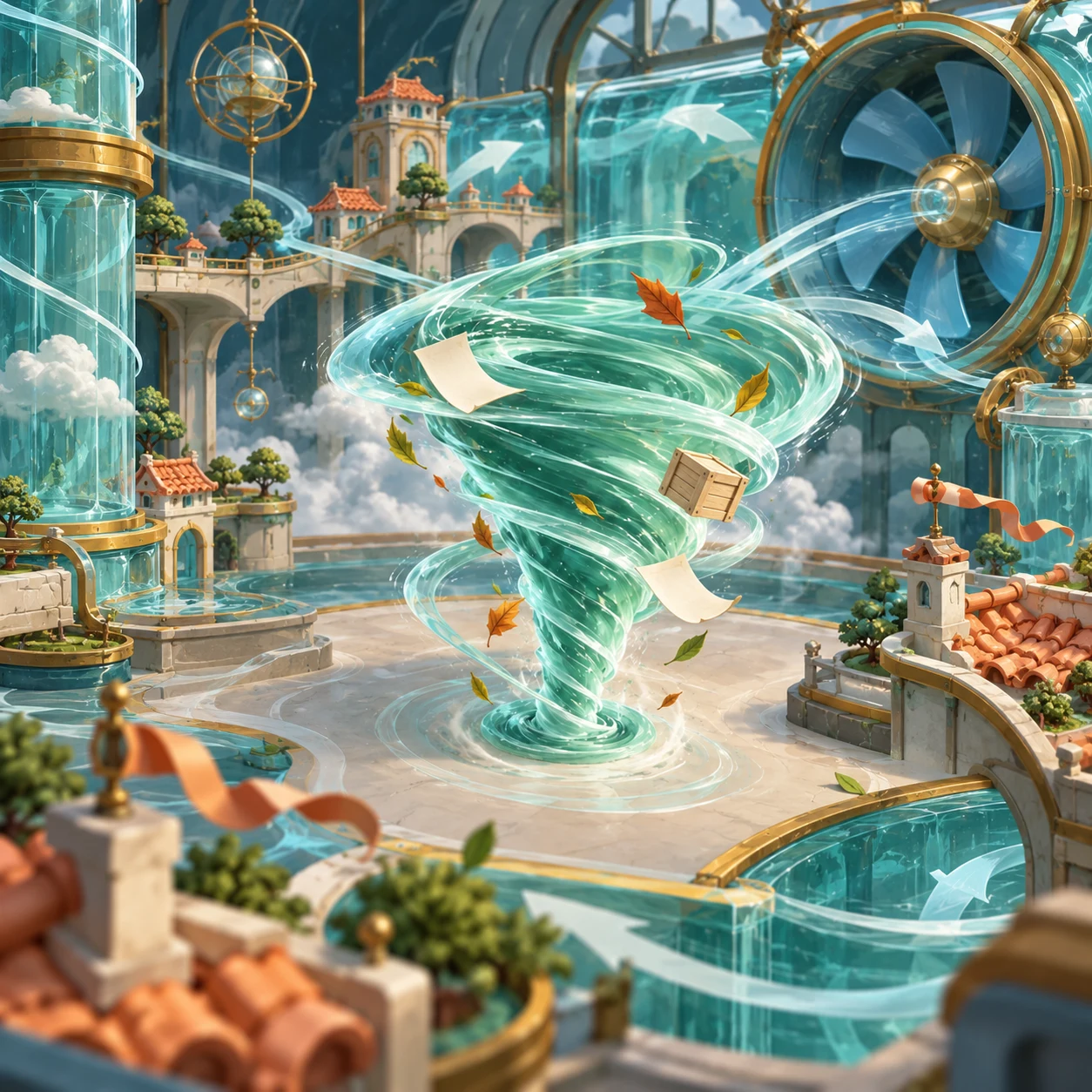 Gust Gobbler painted world: a mint-green tornado carrying leaves, paper sheets and a wooden crate across a limestone court between glass wind tunnels, a large brass fan and model buildings with terracotta roofs