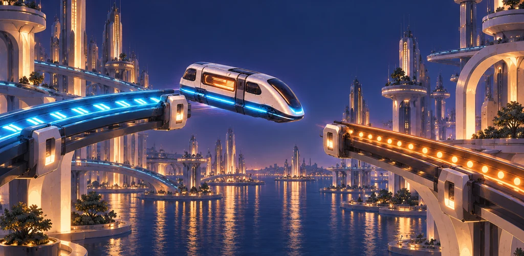 Railpolar artwork: a white magnetic train leaping from a blue striped rail towards an amber dotted rail above a harbour city at night