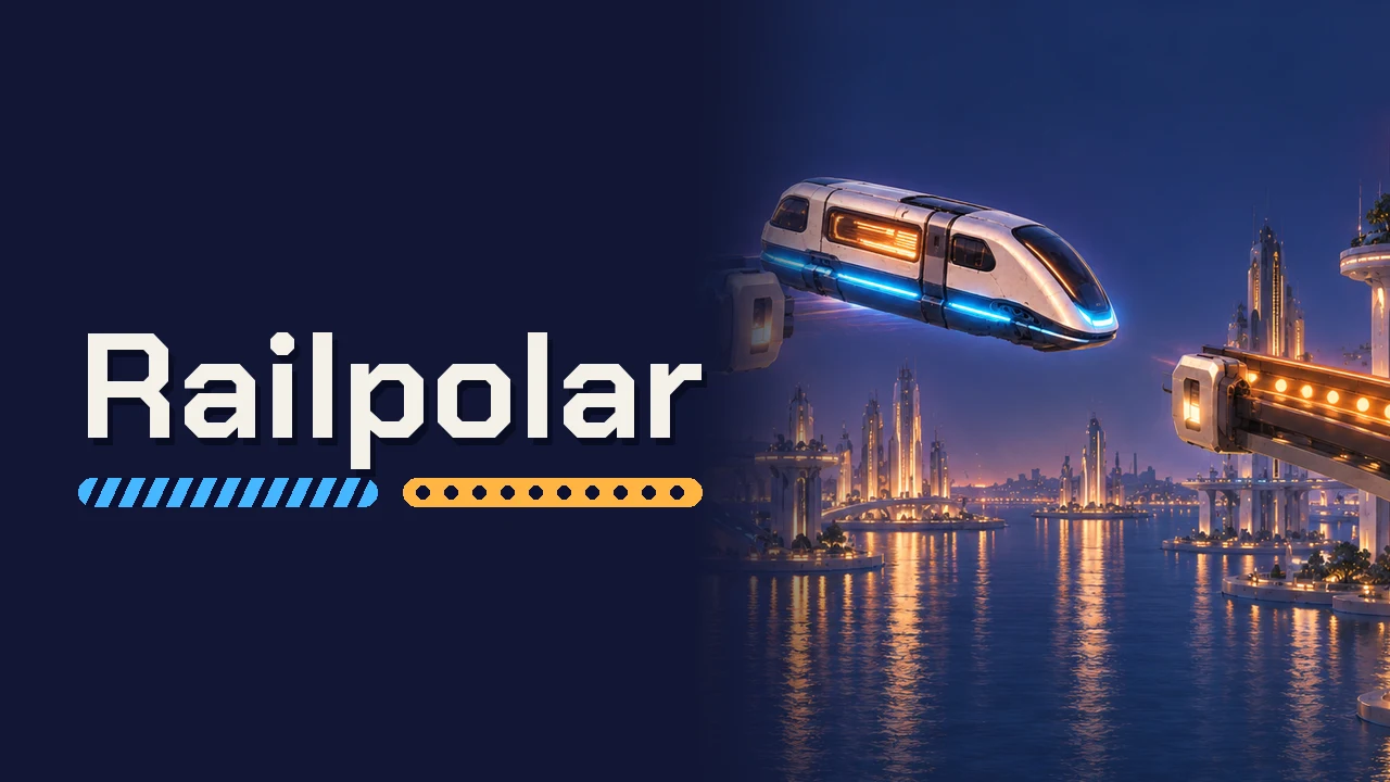 Railpolar Android TV banner: the Railpolar title with a striped blue bar and a dotted amber bar beneath it, beside the magnetic train over the harbour at night