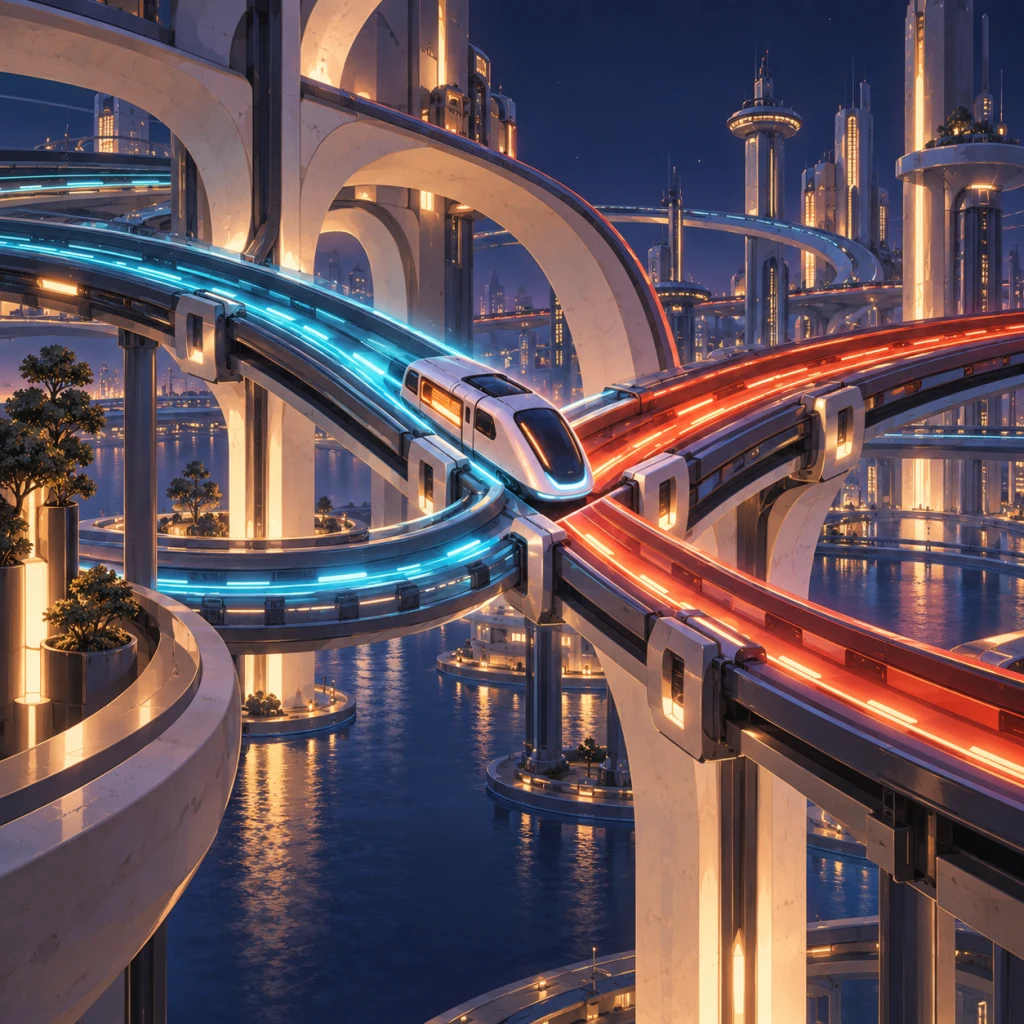 Railpolar painted world: a white magnetic train on a glowing blue rail beside a glowing orange rail, curving above a harbour city at night