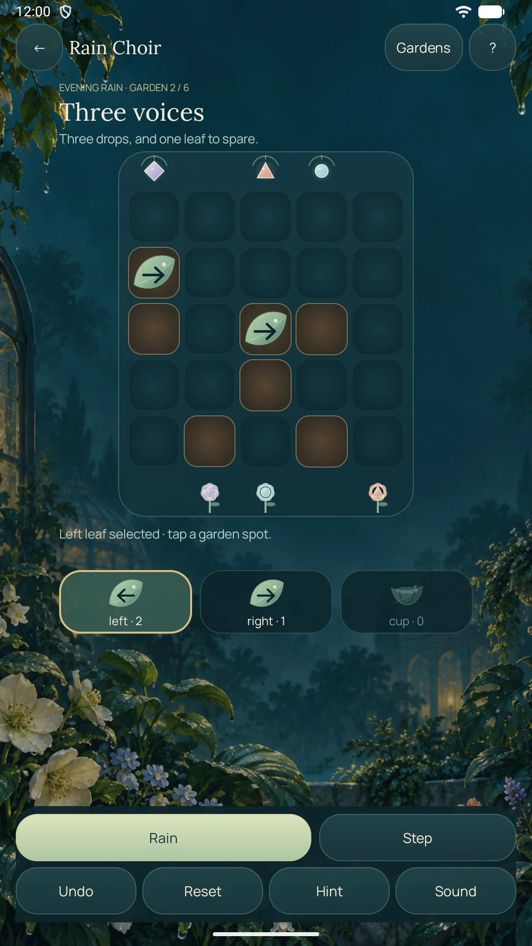 Actual Rain Choir development gameplay with leaves placed in a soft-soil garden
