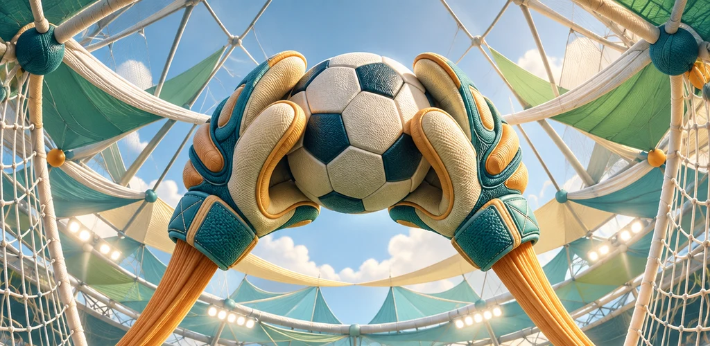 Rubber Keeper artwork: two teal and cream goalkeeper gloves on stretched golden rubber cords cradling a football under the net ribbons of a bright training dome