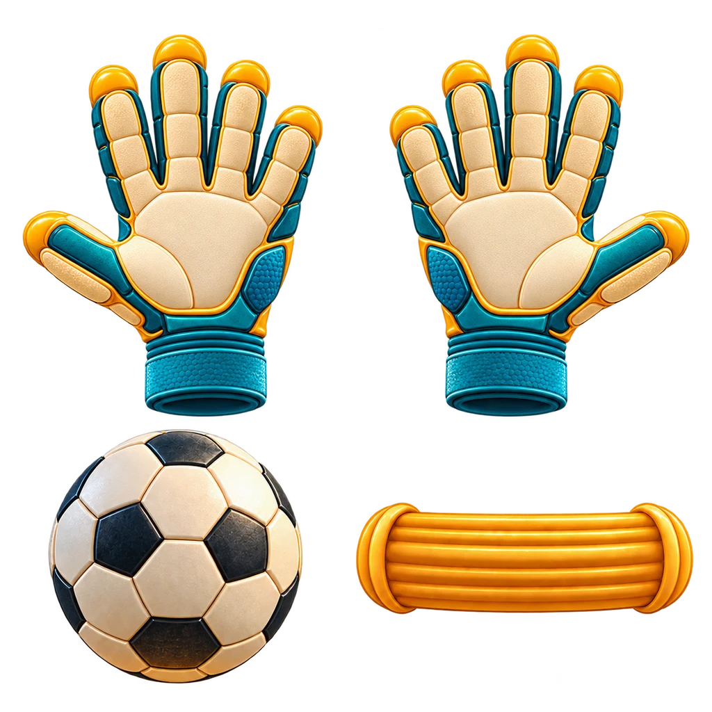 Rubber Keeper painted game art: a left and a right goalkeeper glove in teal and cream with yellow piping, an ivory and navy football and a ribbed golden rubber strip
