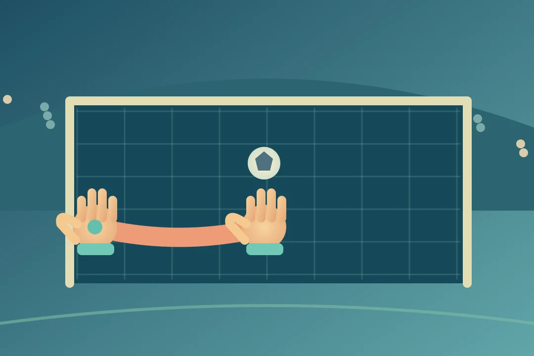 Early Rubber Keeper prototype illustration: two gloves joined by a stretched coral band in front of a goal, with a ball coming in