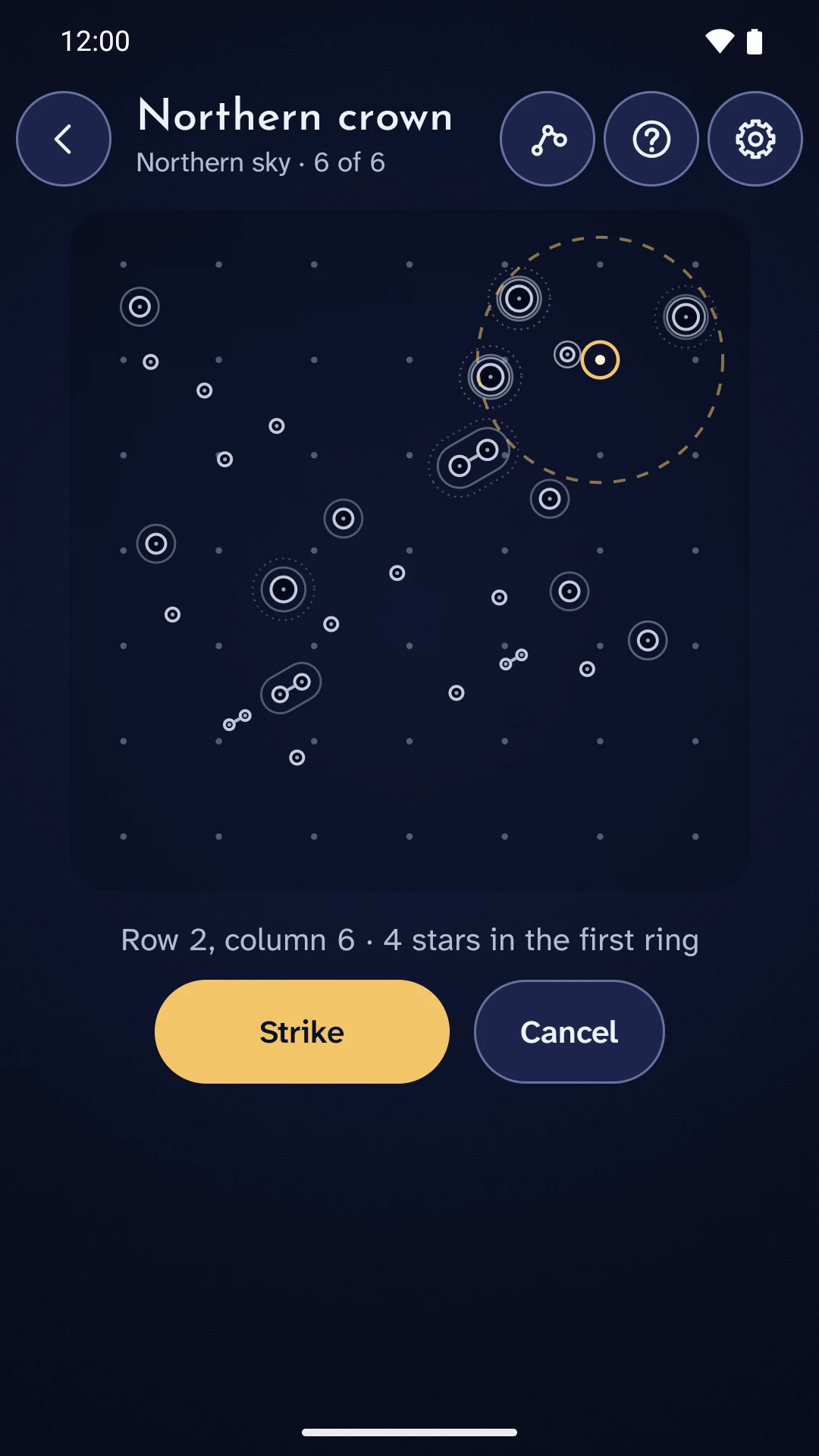 Actual Spark the Sky gameplay: choosing where to strike, with the spark ring preview over unlit stars