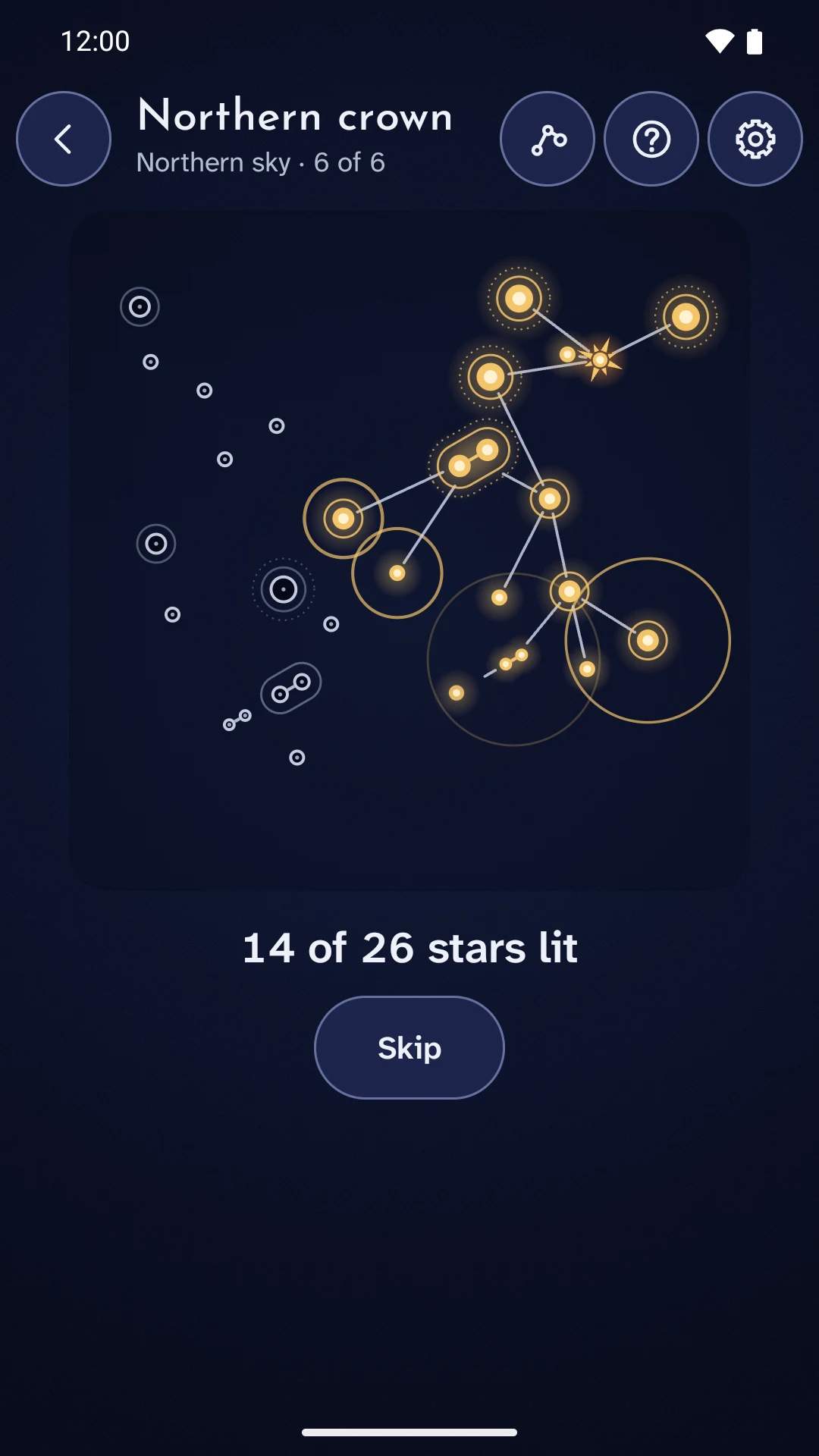Actual Spark the Sky gameplay: light spreading from star to star, drawing constellation lines