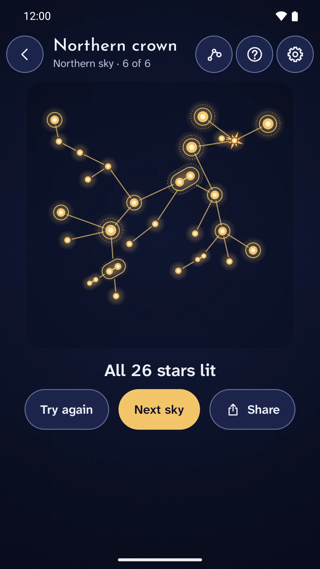 Actual Spark the Sky result screen: every star lit, the constellation complete