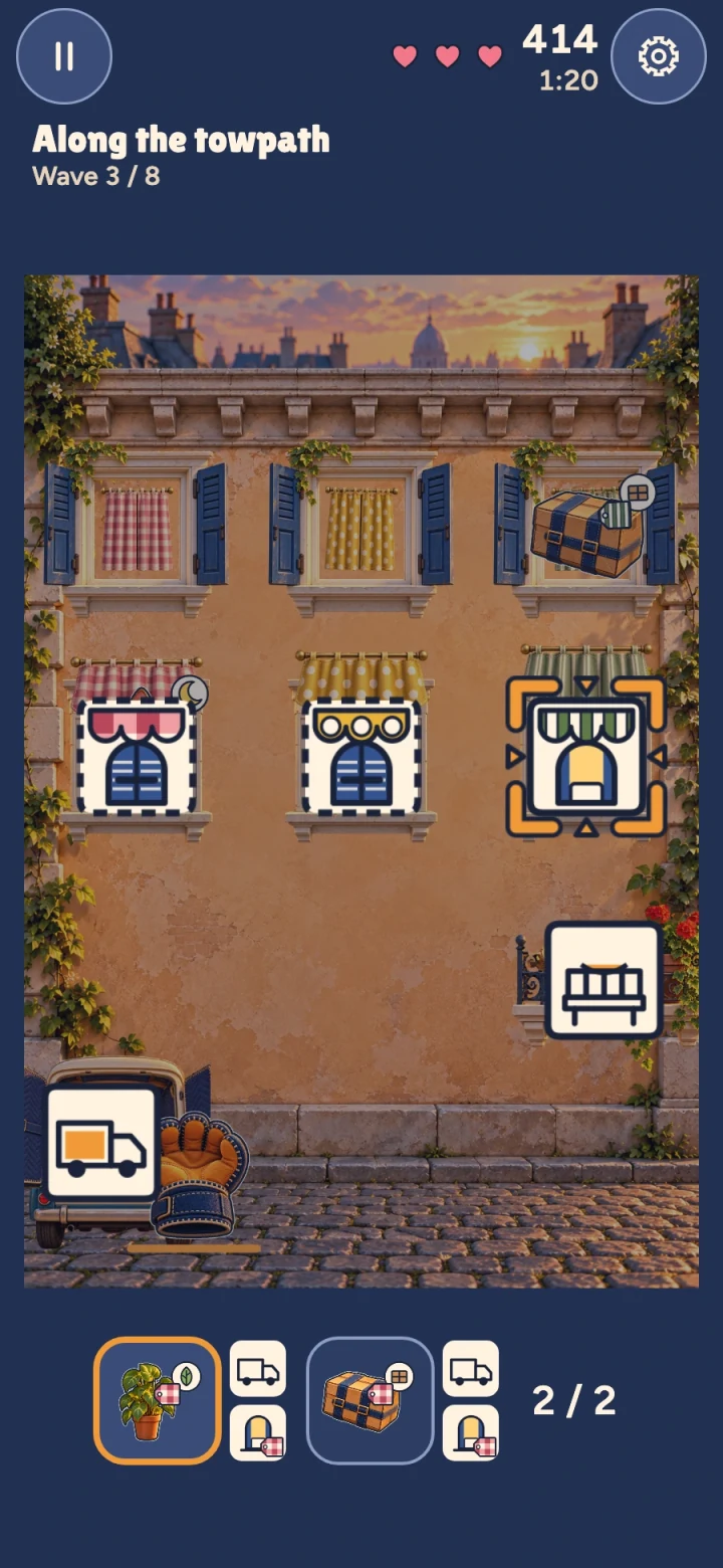 Actual Window Juggle gameplay: aim mode over the facade, with the truck, the three receiving windows and the balcony marked as targets and the reticle locked on an open window