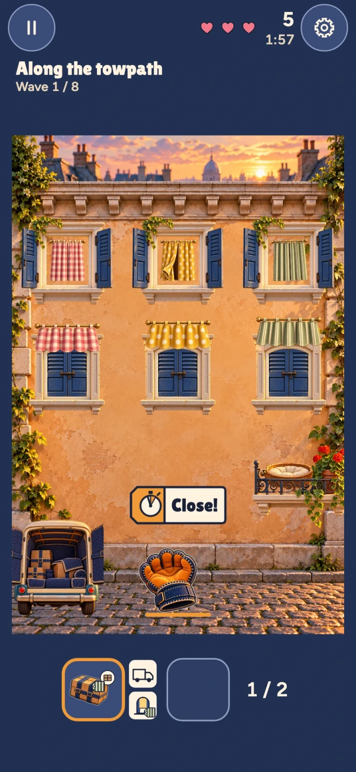 Actual Window Juggle gameplay: a “Close!” plate over the glove after a last-moment catch