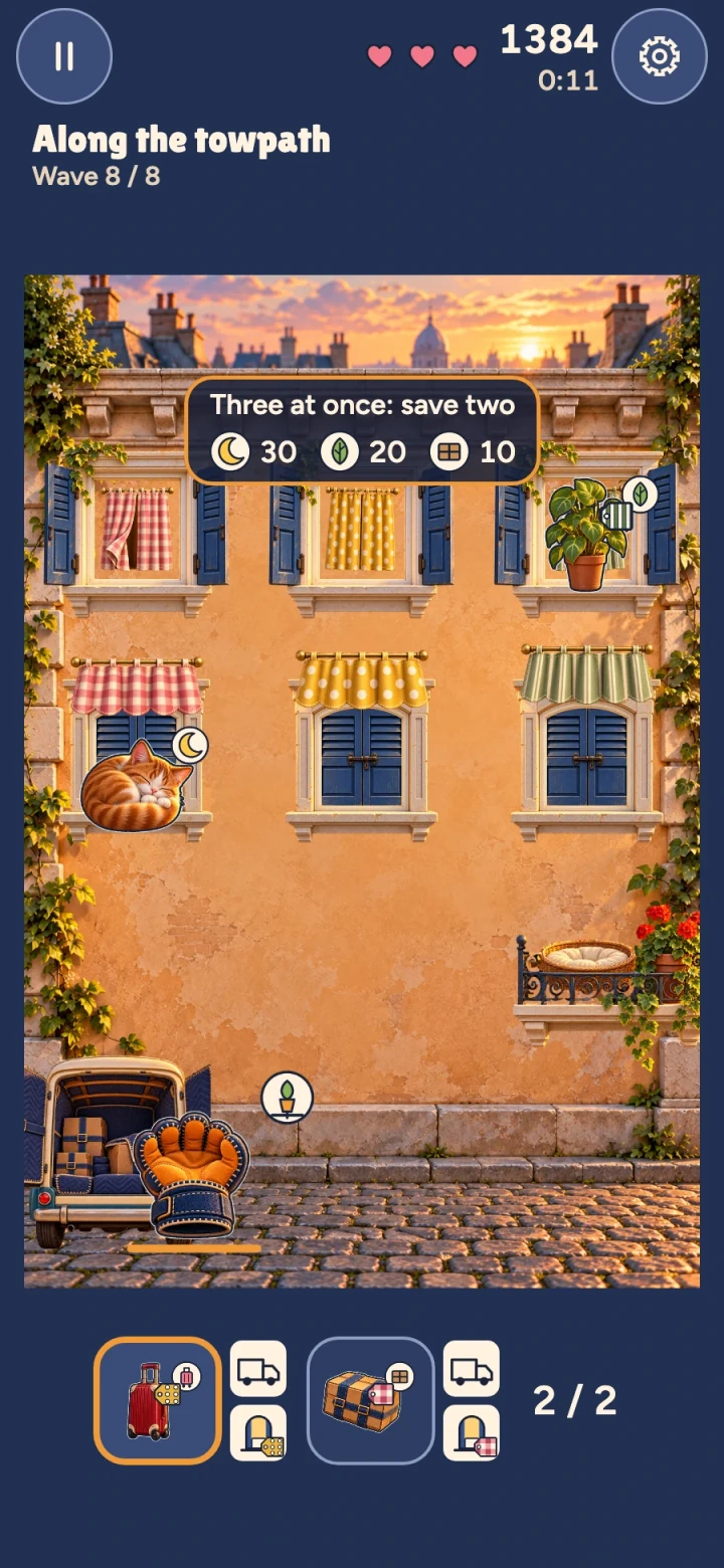 Actual Window Juggle gameplay: three items falling at once under the cue “Three at once: save two”, with each item’s points