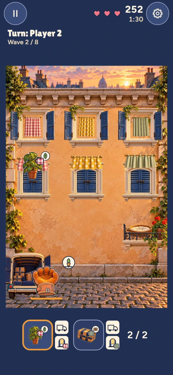 Actual Window Juggle take-turns round: Player 2’s turn with a terracotta glove on the same rush