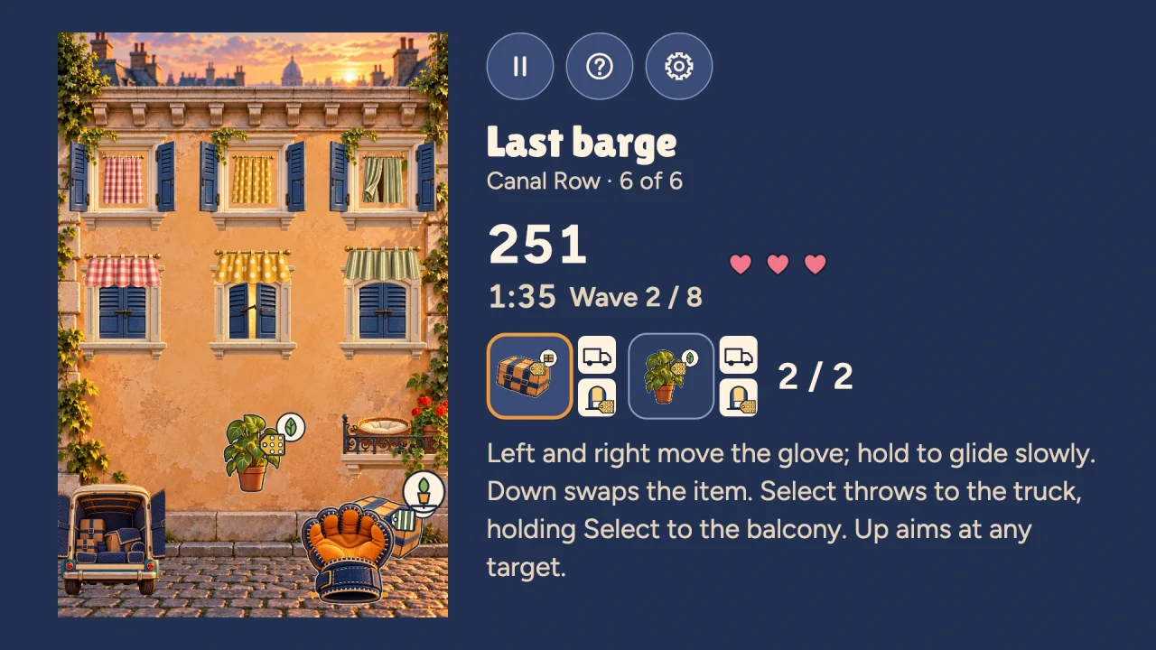 Actual Window Juggle gameplay on Android TV: the facade beside a side panel with the shift title, score, clock, wave, hearts, both hands and the remote’s controls