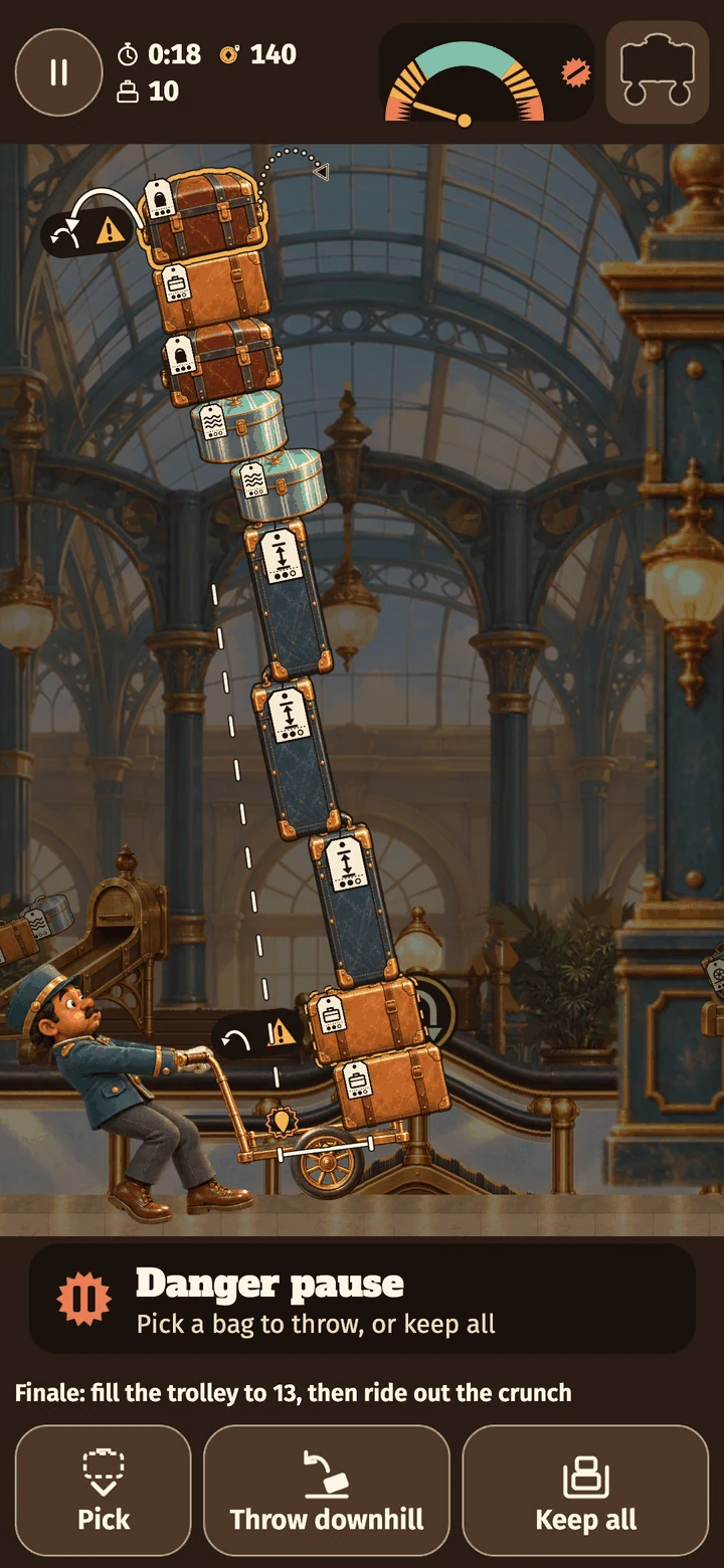 Actual Wobble Porter gameplay: the danger pause, with the stack leaning far over and the banner “Pick a bag to throw, or keep all”