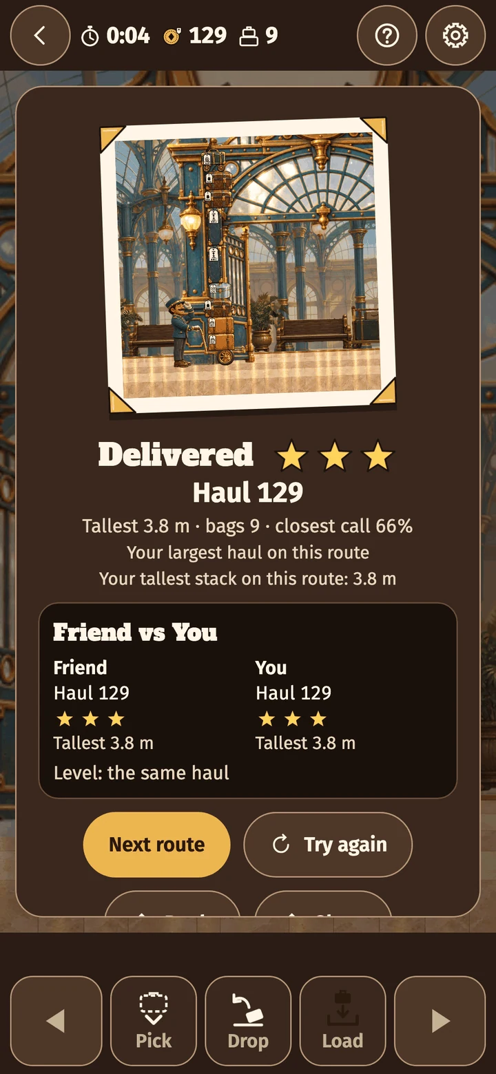 Actual Wobble Porter result: the finish photo at the gate door, Delivered with three stars and a haul of 129, and Friend vs You