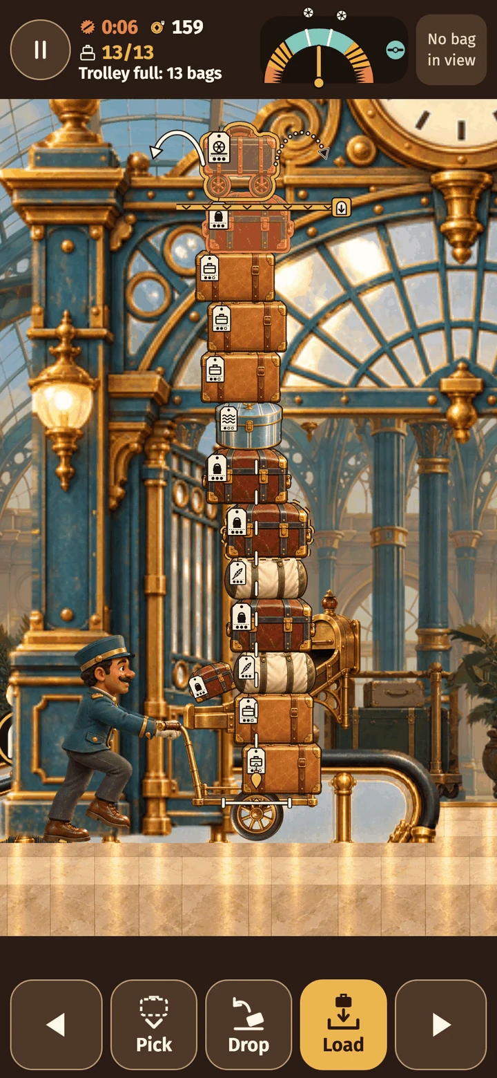 Actual Wobble Porter gameplay: a full trolley of 13 bags beneath the lowering gate door, with the brass height bar across the stack