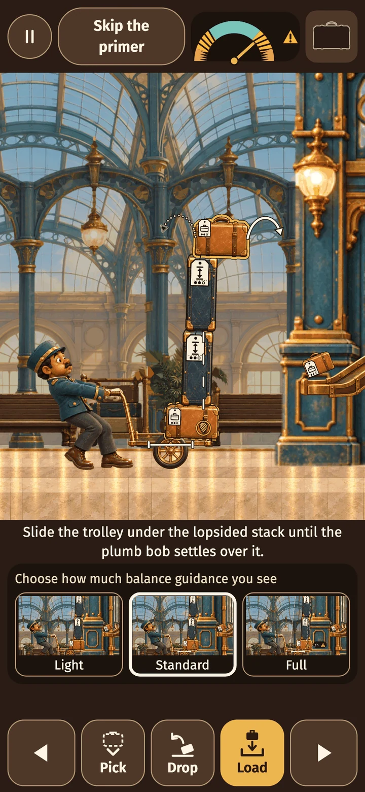 Actual Wobble Porter balance primer: “Slide the trolley under the lopsided stack until the plumb bob settles over it”, with the Light, Standard and Full guide cards