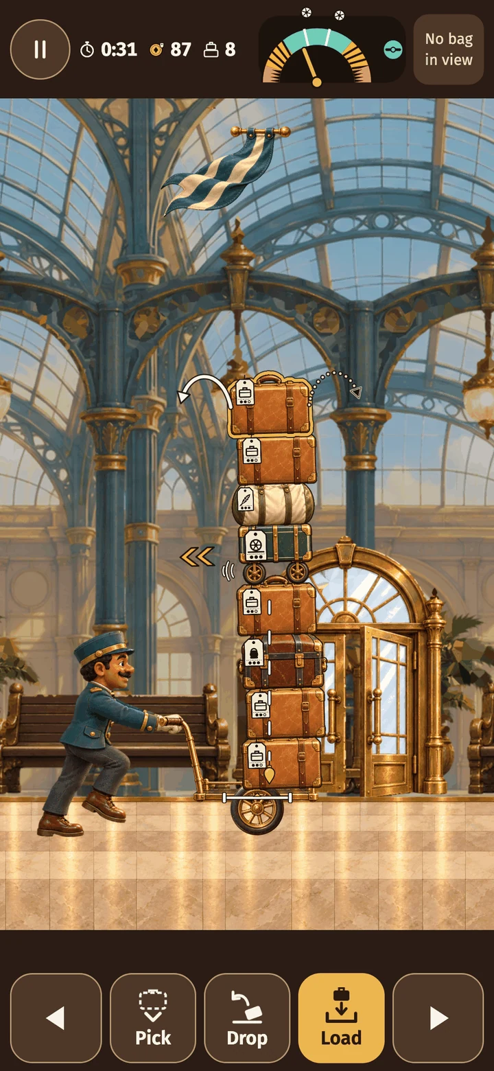 Actual Wobble Porter gameplay: a rolling case armed on the stack, rocking with rattle marks at its front wheel and an arrow pointing downhill