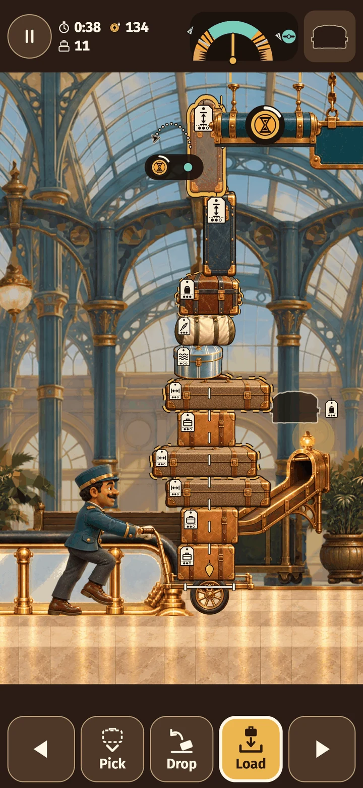 Actual Wobble Porter gameplay: a shutter ahead with its lamp and countdown ring, and the bags it would knock off marked