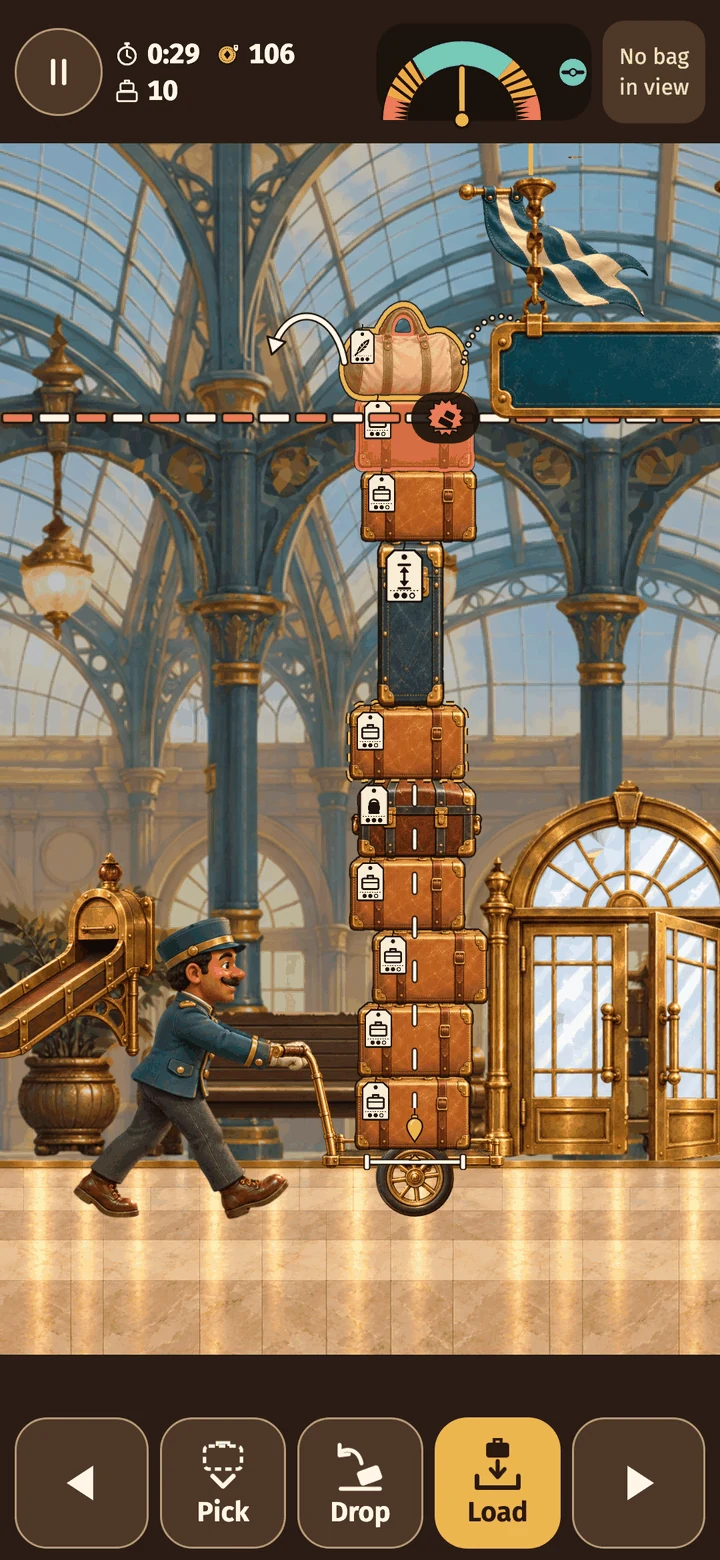 Actual Wobble Porter gameplay: a low sign ahead with its dashed line, the bags it would knock off ringed in coral and pips showing how hard it will hit