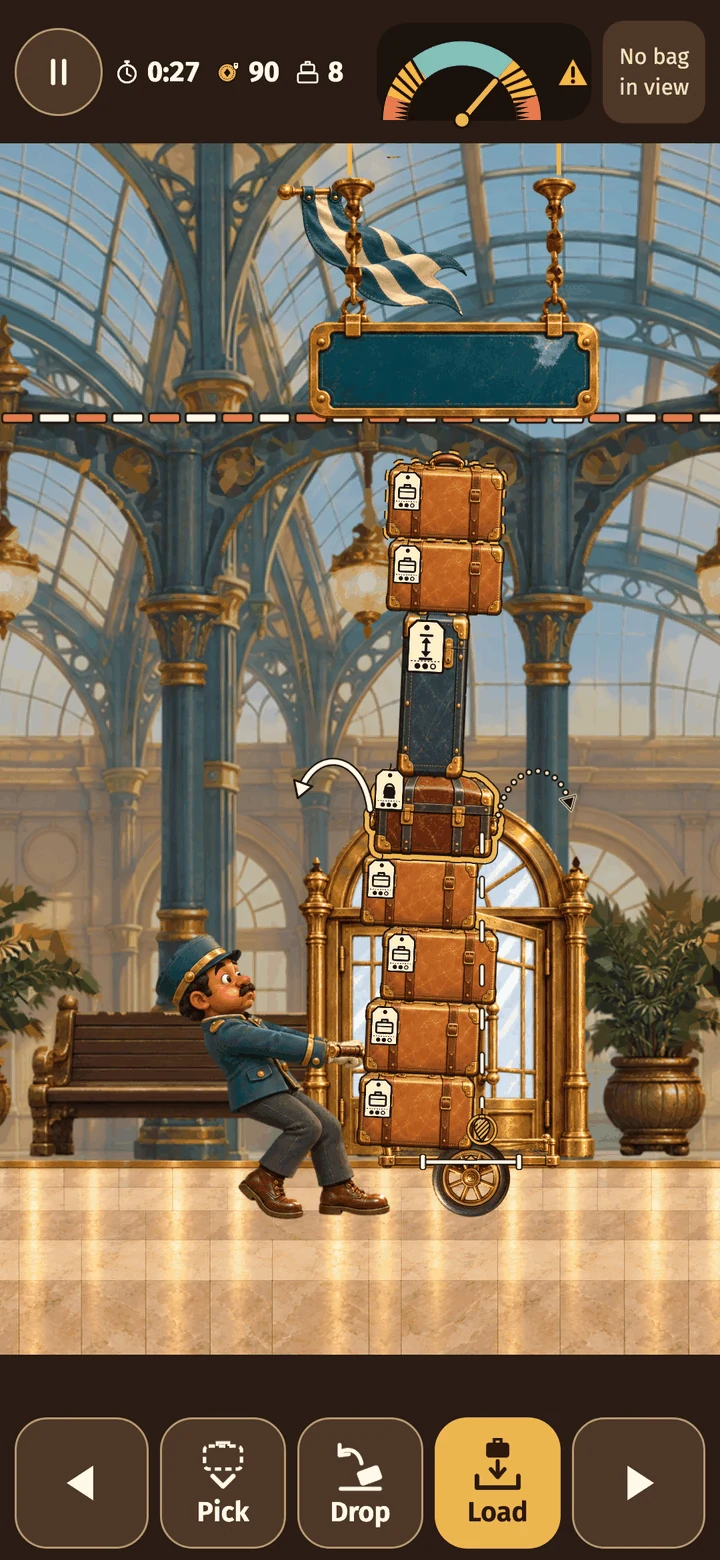 Actual Wobble Porter gameplay: a picked bag sticking out of the stack with its uphill throw arc drawn solid
