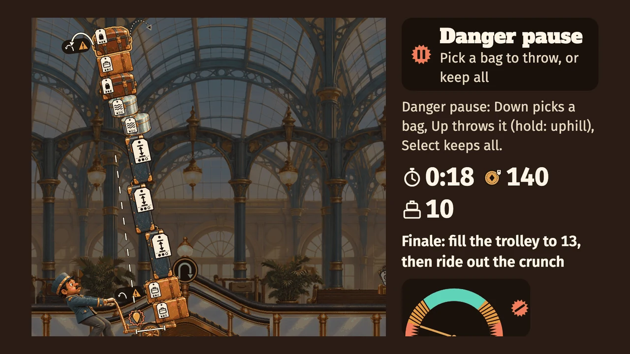 Actual Wobble Porter gameplay on Android TV: the danger pause with the leaning stack on the stage and the side panel asking to pick a bag to throw or keep all